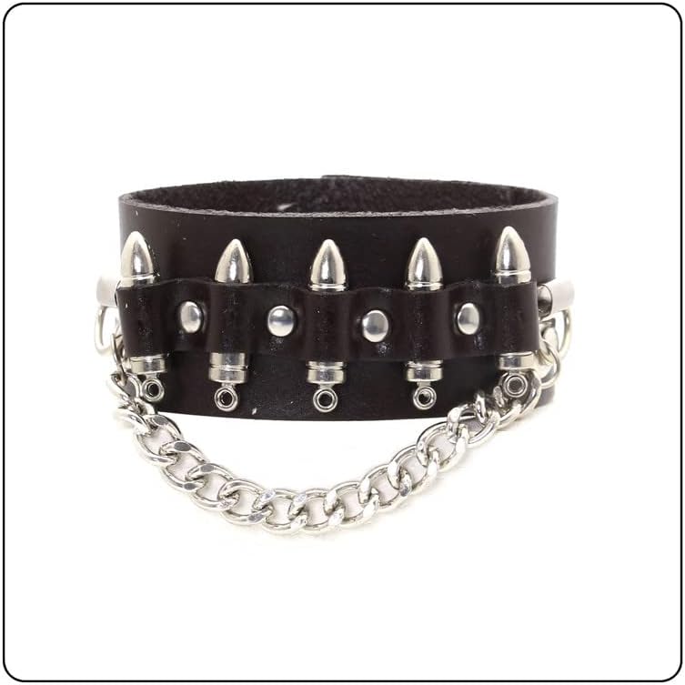 Fusamk Punk Rock Snap Bracelet Bullet Chain Wristband Wide Leather Cuff Bracelet - Image 3